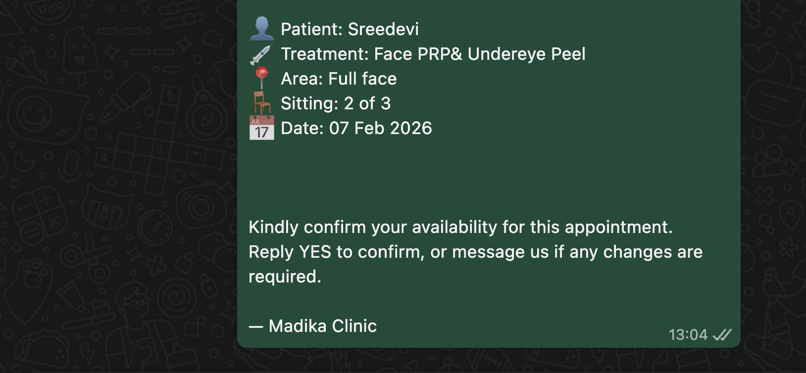 Example WhatsApp appointment reminder message