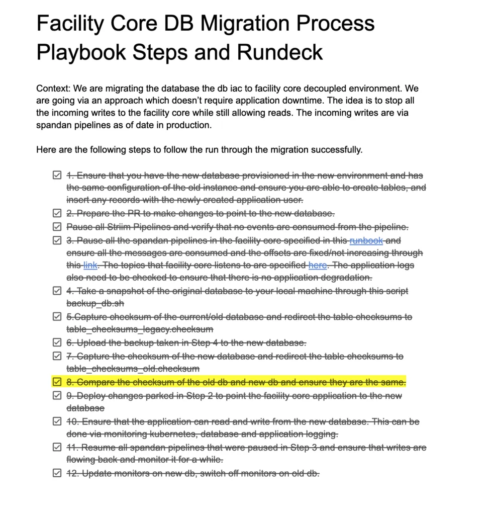 Database migration playbook showing step-by-step migration process