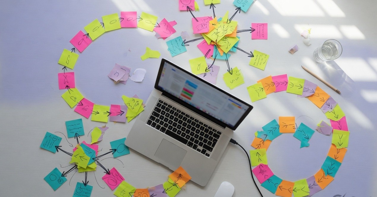 Sticky notes arranged in loops and clusters around a laptop on a white desk