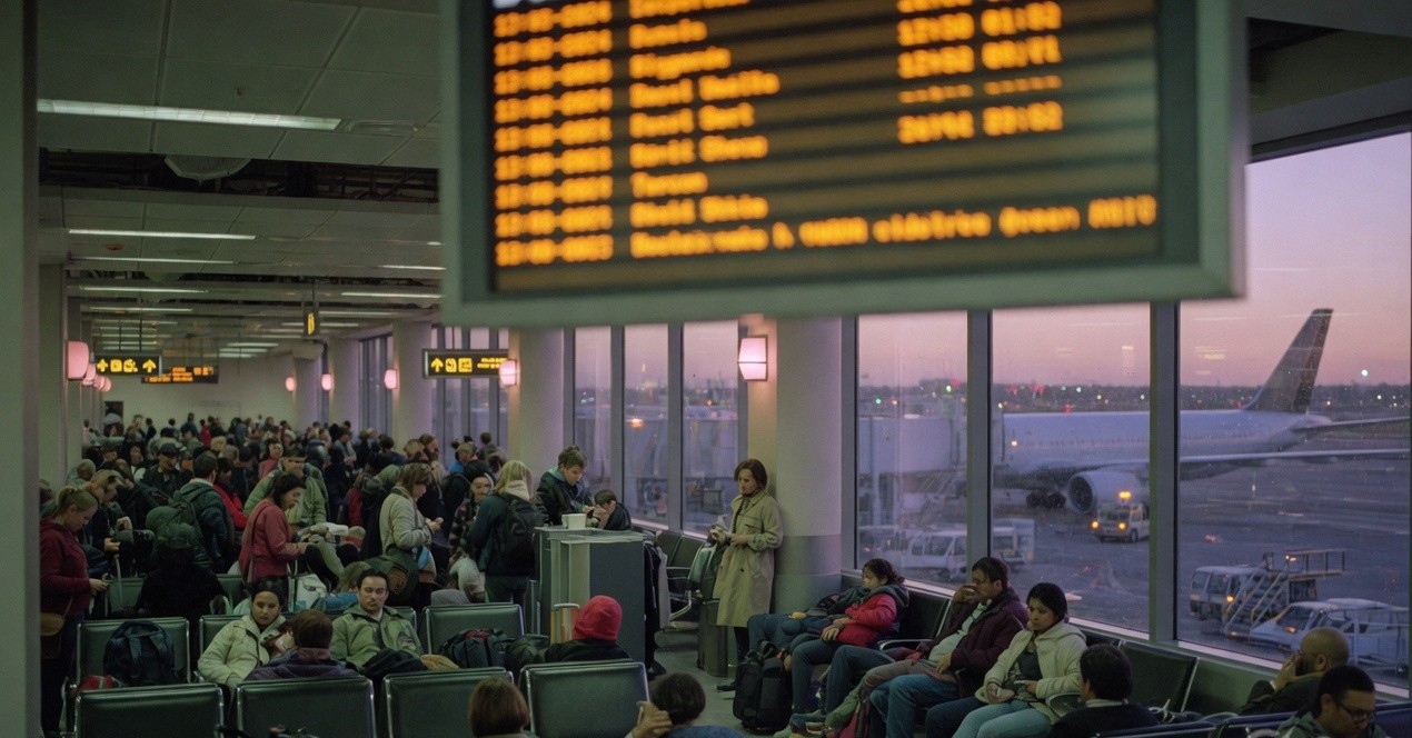 Airport terminal gate with airplane visible through windows at dusk
