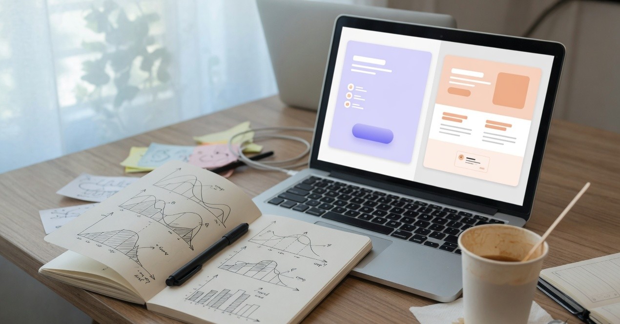Laptop showing two landing page variants next to a notebook with probability curves