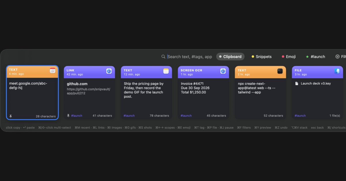 A Mac clipboard manager palette showing recent text, link, file and OCR cards