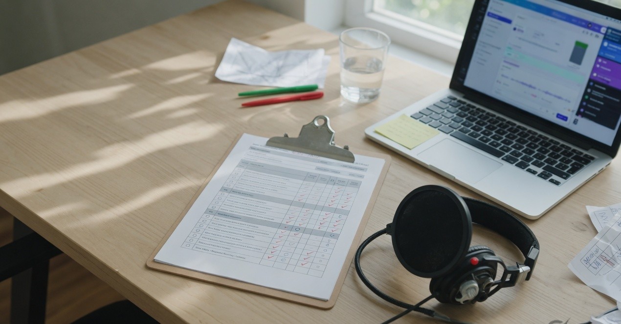 Clipboard evaluation checklist beside a headset microphone and laptop