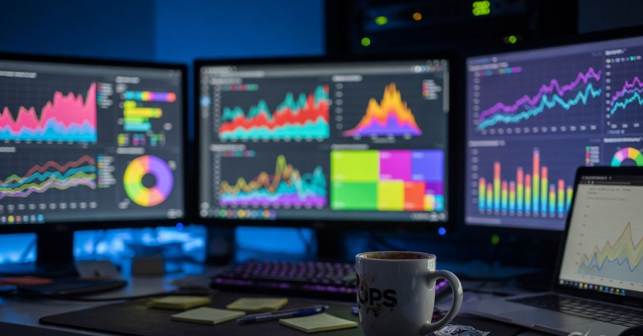 Multiple monitors showing abstract observability dashboards in a dim ops desk