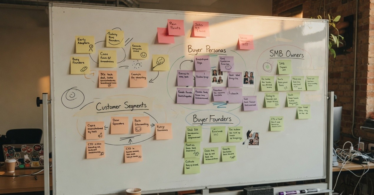 Whiteboard covered in sticky notes grouping customer segments and personas