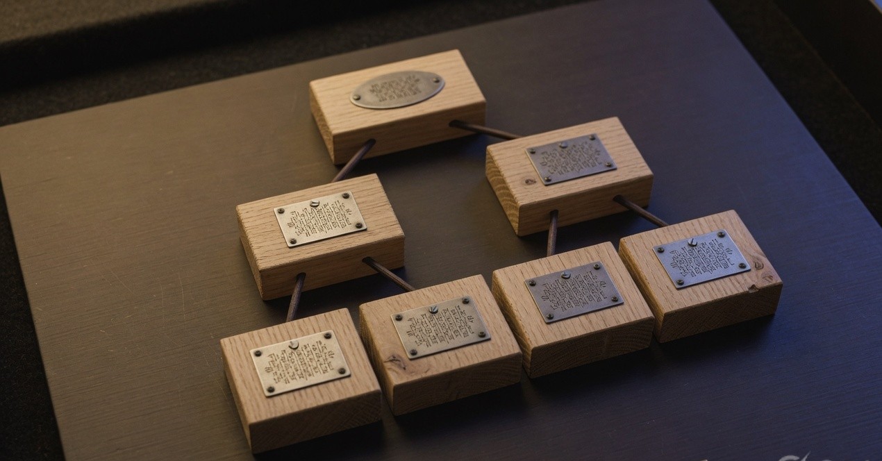 Wooden blocks stacked like a binary tree with metal hash plates