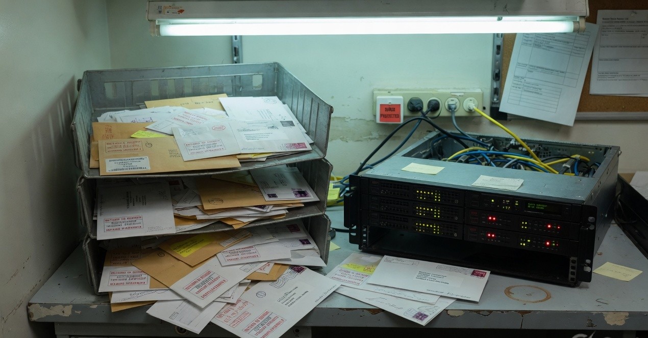 Overflowing mail inbox tray of failed envelopes beside a rack-mounted server