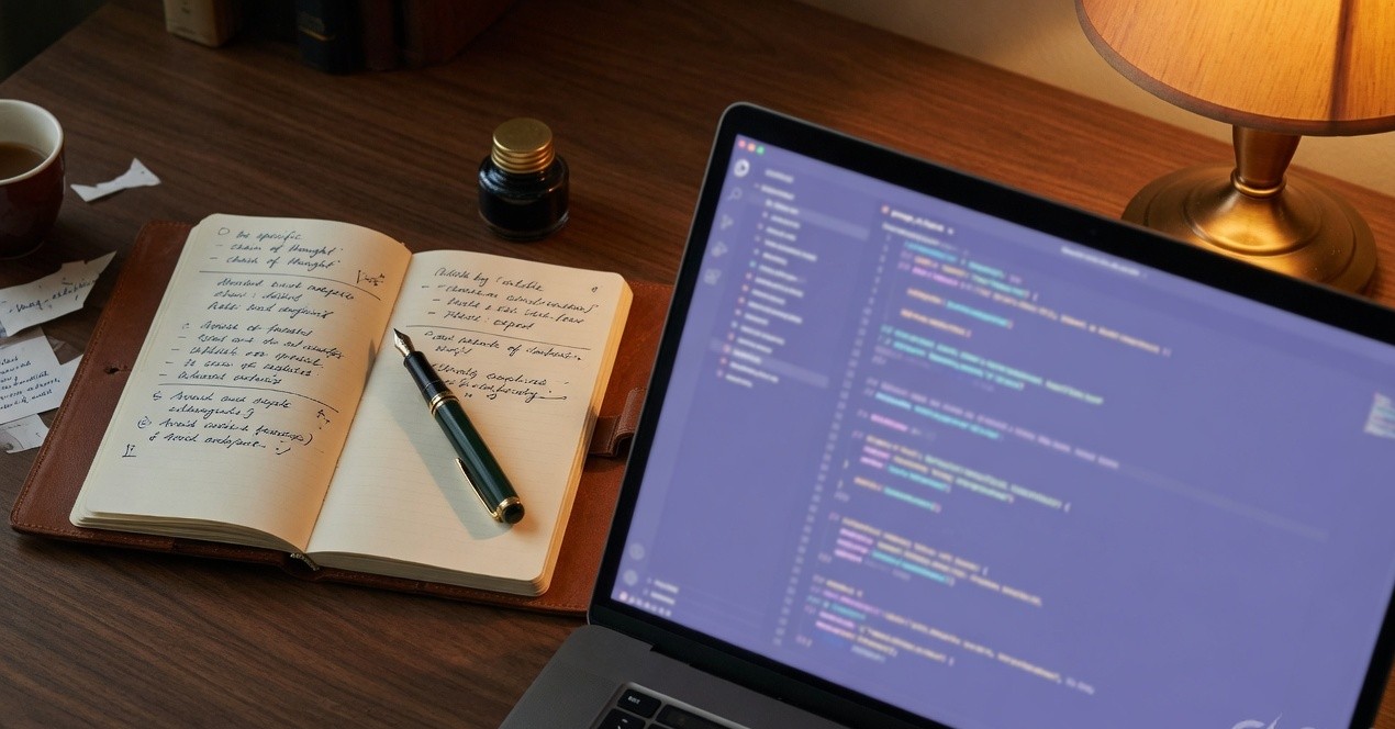 Laptop code editor beside a leather notebook and fountain pen