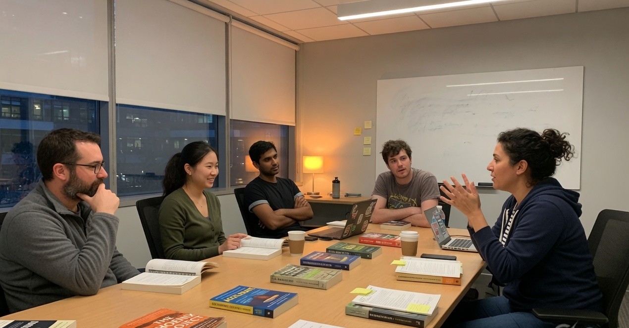 Engineering team in a meeting room discussing books during a Radical Candor club