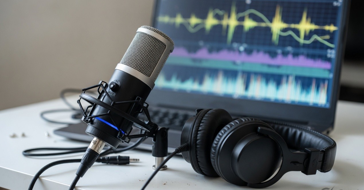 USB condenser microphone and headset on a desk for voice AI evaluation